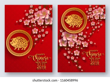 Happy chinese new year 2019 Zodiac sign with gold paper cut art and craft style on color Background.(Chinese Translation : Year of the pig)