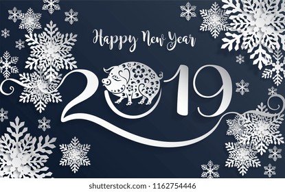 Happy chinese new year 2019 Zodiac sign with gold paper cut art and craft style on color Background. 