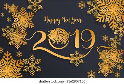 Happy chinese new year 2019 Zodiac sign with gold paper cut art and craft style on color Background.