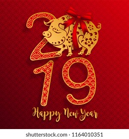 Happy chinese new year 2019 Zodiac sign with gold paper cut art and craft style on color Background.(Chinese Translation : Year of the pig)