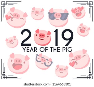 Happy chinese new year 2019 Zodiac sign calendar with pig emoji, emoticons pink colorful funny characters piglet. Vector illustration.