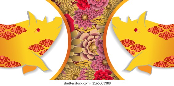 Happy chinese new year 2019 Zodiac sign with gold paper cut art and craft style on color Background