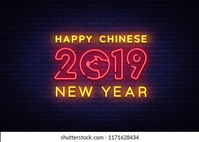 Happy Chinese New Year 2019 design template vector. Chinese New Year of Pig greeting card, Light banner, neon style. Vector illustration