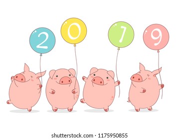 Happy Chinese neues Jahr 2019 - Jahr des Schweins. Vier süße Schweine im kawaii-Stil mit Ballons. EPS8