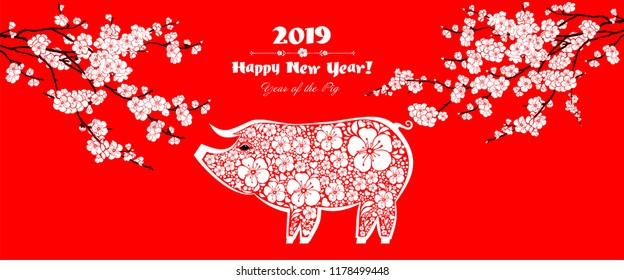 Happy Chinese new year 2019 card. Celebration red background with pig, flower and place for your text. Cherry blossom. Sakura.  2019 Chinese New Year of the pig. Vector Illustration