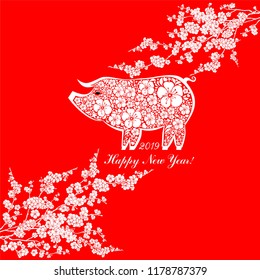 Happy Chinese new year 2019 card. Celebration red background with pig, flower and place for your text. Cherry blossom. Sakura.  2019 Chinese New Year of the pig. Vector Illustration