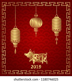 Happy Chinese New Year 2019 Zodiac, Lantern Background - Illustration Vector
