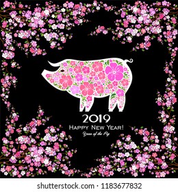 Happy Chinese new year 2019 card. Celebration black background with pigs, pink flower and place for your text. Vector Illustration