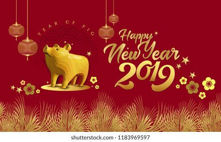 Happy Chinese New Year 2019 year of the pig 3D low poly style. Chinese character mean Happy New Year, wealthy, Zodiac sign for greetings card, flyers, invitation, posters, brochure, banners, calendar.