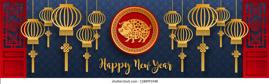 Happy chinese new year 2019 Zodiac sign with gold paper cut art and craft style on color Background.(Chinese Translation : Year of the pig)