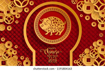 Happy chinese new year 2019 Zodiac sign with gold paper cut art and craft style on color Background.(Chinese Translation : Year of the pig)