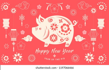 Happy Chinese new year 2019, the year of pig. Vector banner, background