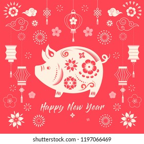 Happy Chinese new year 2019, the year of pig. Vector banner, background