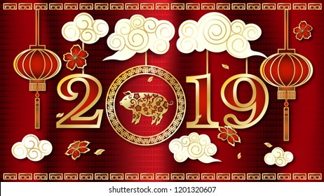 Happy chinese new year 2019 Zodiac sign with gold paper cut art and craft style on color Background