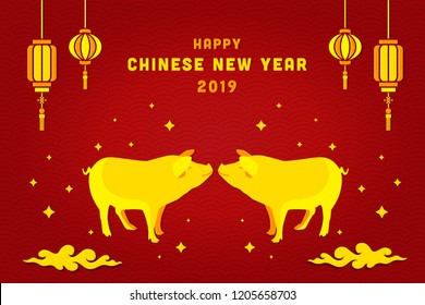 Happy chinese new year 2019 card with gold pig zodiac .Chinese characters mean Happy New Year, wealthy, Zodiac sign for greetings card, flyer