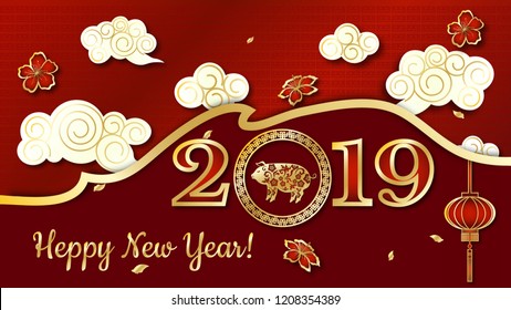 Happy chinese new year 2019 Zodiac sign with gold paper cut art and craft style on color Background