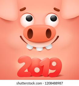 Happy chinese new year 2019 banner card with cute cartoon pig character Vector illustration