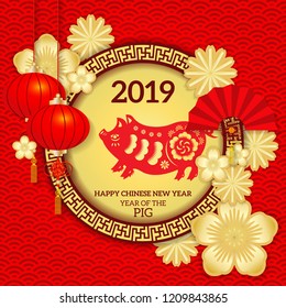 Happy Chinese new year 2019 Zodiac Pig with paper cut art and craft style / Chinese New Year 2019 Paper Cutting Design.