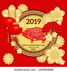 Happy Chinese new year 2019 Zodiac Pig with paper cut art and craft style / Chinese New Year 2019 Paper Cutting Design.