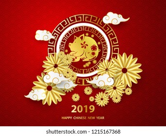 Happy chinese new year 2019 banner card pig gold vector graphic and background