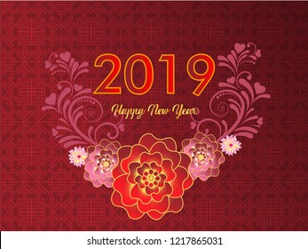 Happy Chinese New Year 2019 year of flower paper cut style. Chinese characters mean Happy New Year, wealthy, Zodiac sign for greetings card, flyers, invitation, posters, brochure, banners, calendar.