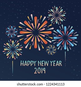 Happy Chinese New Year 2019 card, with fireworks background, vector illustration.
