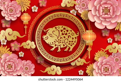 Happy chinese new year 2019 Zodiac sign with gold paper cut art and craft style on color Background. 