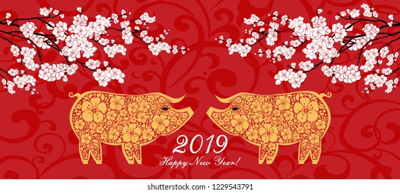 Happy Chinese New Year 2019 year of the pig. Lunar new year. Celebration red background with Gold Pig, flower and place for your text. Vector Illustration