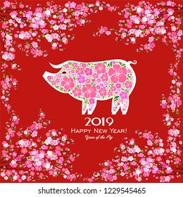 Happy Chinese new year 2019 card. Celebration red background with pig, flower and place for your text. Cherry blossom. Sakura.  2019 Chinese New Year of the pig.  Vector Illustration