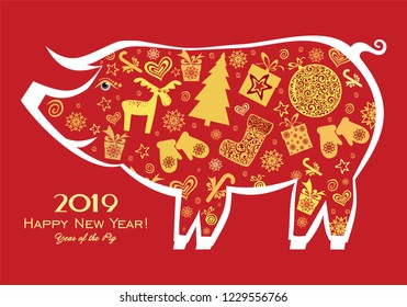 Happy Chinese New Year 2019 year of the pig. Lunar new year. Celebration red background with gold pig, Christmas tree, Christmas ball, deer, gift box, star and place for your text. Vector Illustration