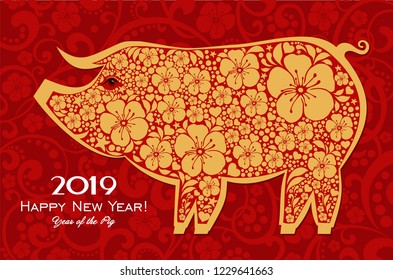 Happy Chinese New Year 2019 year of the pig. Lunar new year. Celebration red background with Gold Pig, flower and place for your text. Winter holidays. Vector Illustration