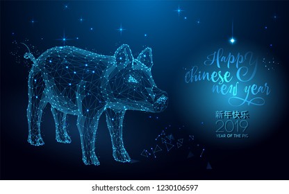 Happy chinese new year 2019 Zodiac sign form lines and triangles, point connecting network on blue background.  Polygonal wireframe mesh art. Xin Nian Kuai le characters for CNY or spring festival.
