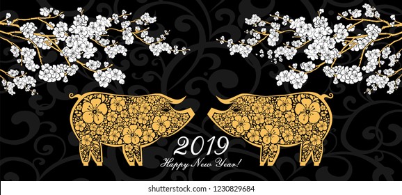 Happy Chinese New Year 2019 year of the pig. Lunar new year. Celebration black background with Gold Pig, flower and place for your text. Cherry blossom. Sakura. Vector Illustration