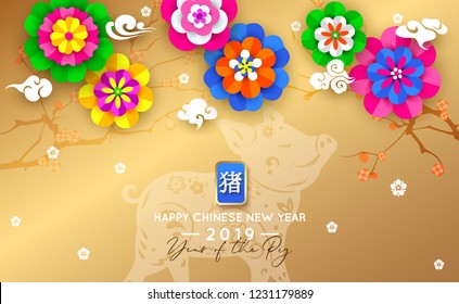 Happy Chinese New Year 2019 with gold pig decorated origami paper flowers . Vector illustration. Translation of hieroglyphs: Happy Chinese New Year 