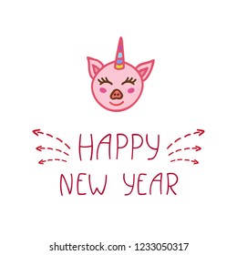 Happy Chinese New Year 2019 typography poster with cute pink piggy. Year of the Gold Pig. Zodiac sign for greetings card, calendar, invitation, posters, brochure, banners. Vector illustration. 