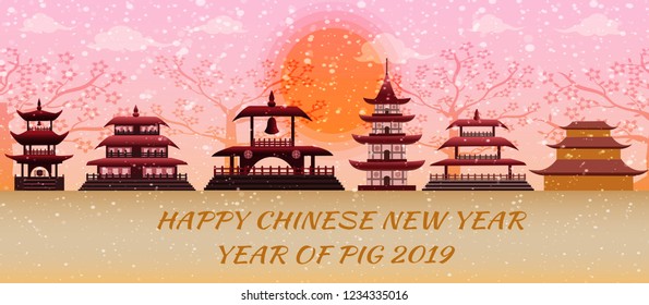 Happy Chinese New Year 2019 background concept with beautiful Chinese landmark, Year of the pig 2109