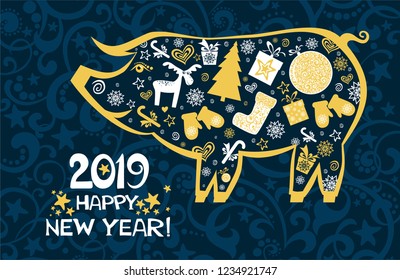 Happy Chinese New Year 2019 year of the pig. Lunar new year. Celebration background with gold pig, Christmas tree, Christmas ball, deer, gift box, star and place for your text. Vector Illustration