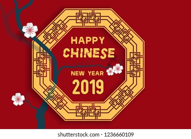 Happy Chinese New Year 2019. Vector Illustration. Paper cut style.