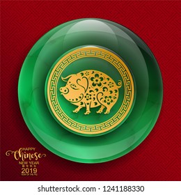 Happy chinese new year 2019 Zodiac sign with gold, jade stone paper cut art and craft style on color Background.(Chinese Translation : Year of the pig)