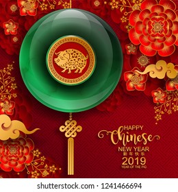 Happy chinese new year 2019 Zodiac sign with gold, jade stone paper cut art and craft style on color Background.(Chinese Translation : Year of the pig)