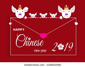 Happy Chinese New Year 2019. Vector Illustration. Greeting card with family pig.