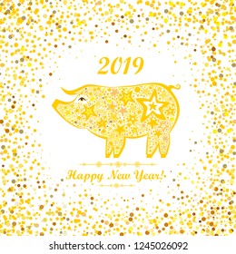 Happy Chinese New Year 2019 year of the pig. Lunar new year. Celebration white background with Gold pig, star and place for your text. Vector Illustration