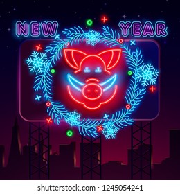 Happy Chinese New Year 2019 neon sign with Pig and Chinese lanterns. Vector. For greeting card, flyer, poster, banner or website template. Neon sign for banner, billboard, promotion or advertisement.