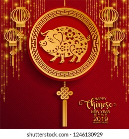 Happy chinese new year 2019 Zodiac sign with gold paper cut art and craft style on color Background.(Chinese Translation : Year of the pig)
