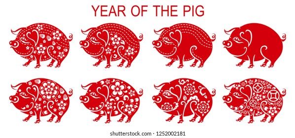 Happy chinese new year 2019 Zodiac sign with red paper cut art and craft style on color Background.(Chinese Translation : Year of the pig)