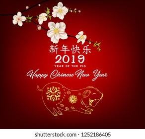Happy Chinese New Year 2019, Year of the Pig. Lunar new year. Chinese characters mean Happy New Year 