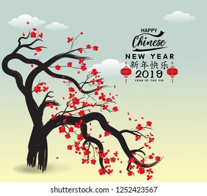 Happy Chinese New Year 2019, Year of the Pig. Lunar new year. Chinese characters mean Happy New Year 