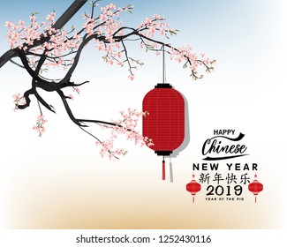 Happy Chinese New Year 2019, Year of the Pig. Lunar new year. Chinese characters mean Happy New Year 