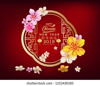 Happy Chinese New Year 2019, Year of the Pig. Lunar new year. Chinese characters mean Happy New Year 