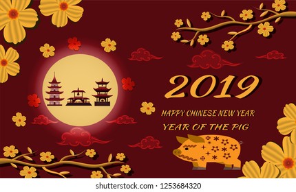 Happy Chinese New Year 2019 vector design, happy new year 2019 year of the pig